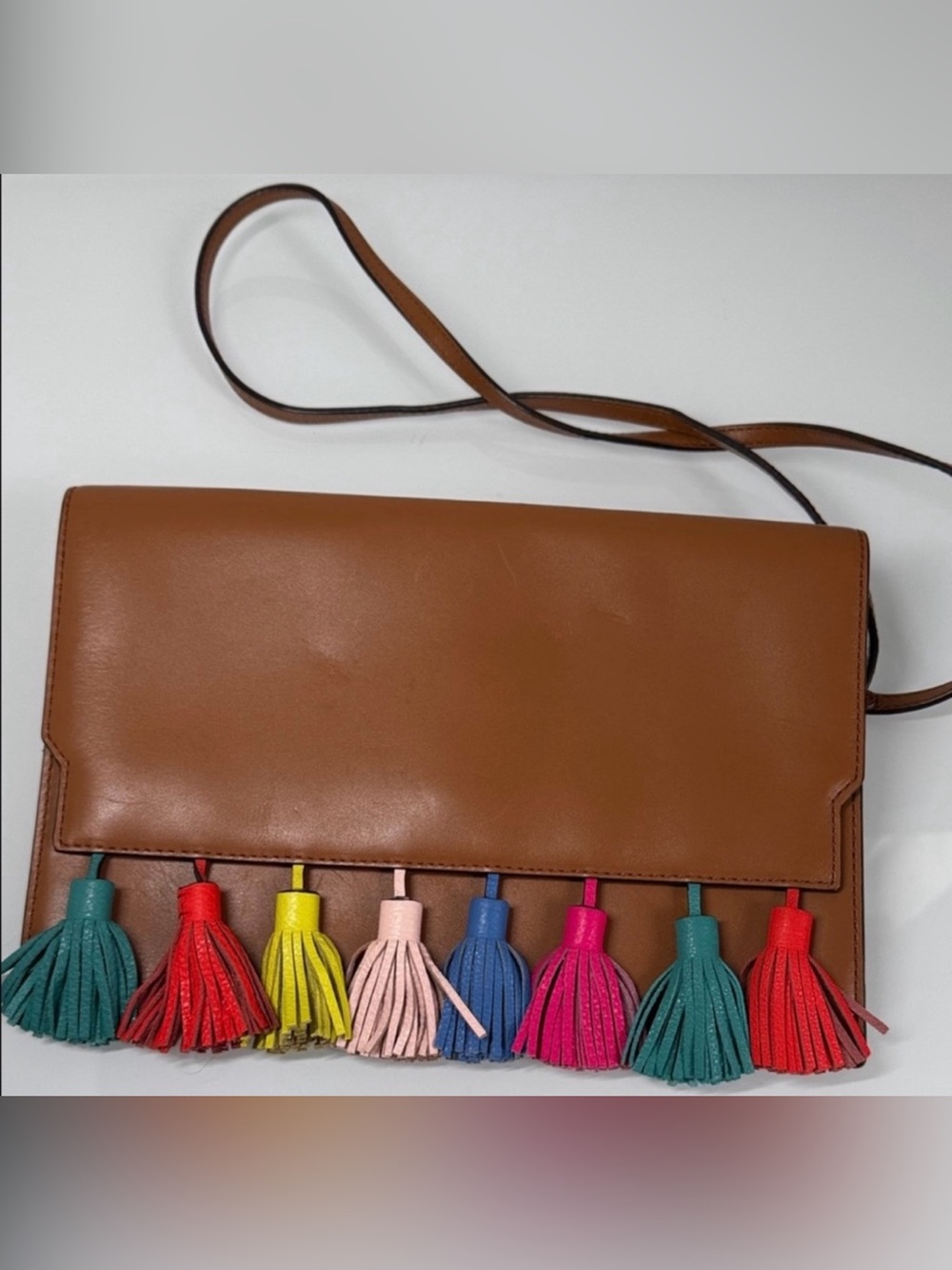 Rebecca Minkoff Sofia Leather Rainbow Tassel Clutch Crossbody Purse